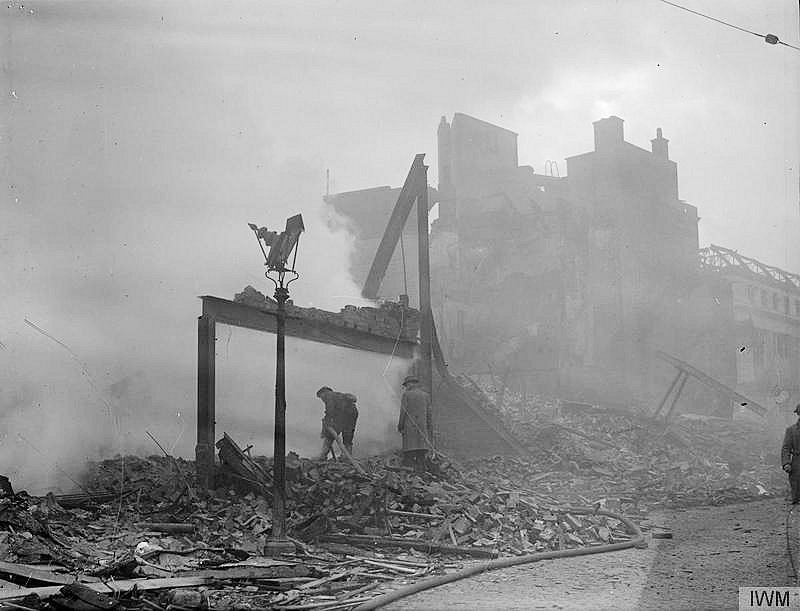 The smoking ruins of buildings two days after they were destroyed by the severe German air raids on the night of 14-15 November 1940.