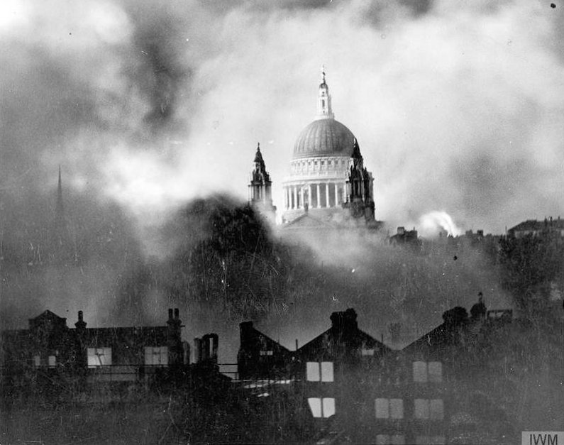 The smoking ruins of buildings two days after they were destroyed by the severe German air raids on the night of 14-15 November 1940.