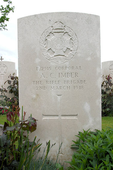Corporal Imber's headstone at the Grand-Seraucourt British Cemetery