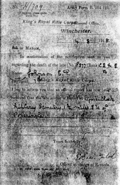 Official notice of Ernest's interment