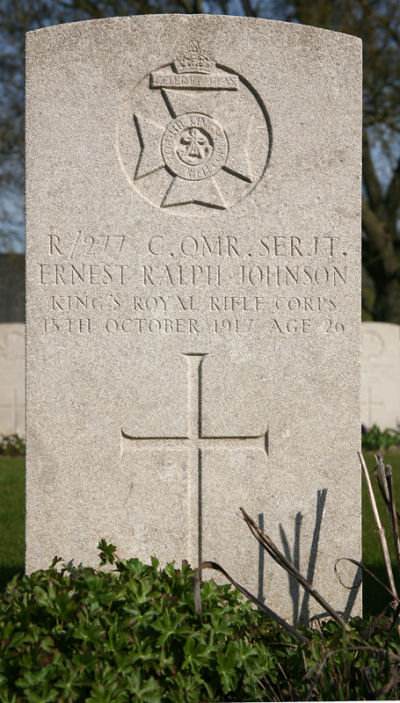 Ernest's headstone in Lijssenthoek Military Cemetery, Belgium