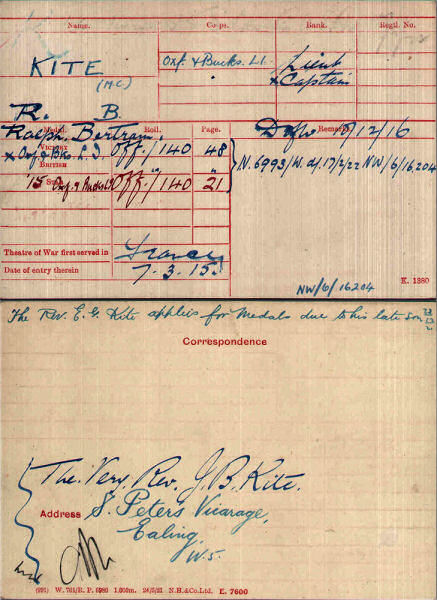 Front and back of Ralph's medal card