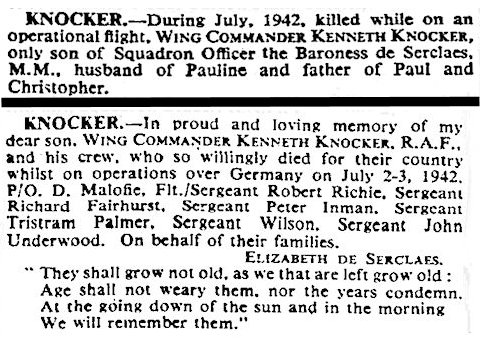 Death Notices in The Times 22 Aug 1942 and 03 Jul 1944