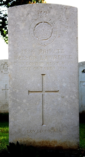 Nelson's headstone in the Grove Town Cemetery, Meaulte