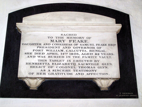 Memorial to Mary Feake in Henham Church, erected by Henrietta E S Glyn.