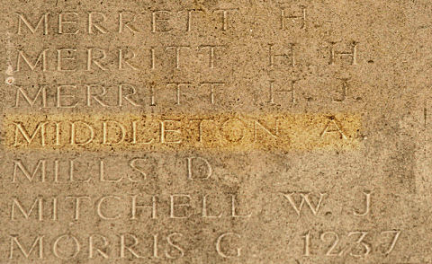 Alfred's inscription on the Arras memorial to the missing