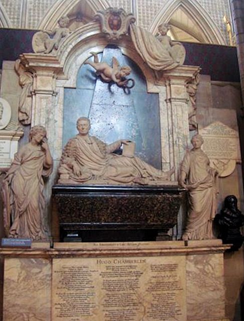 Monument to Hugh Chamberlen, grandfather of Anne Hopkins, in Westminster Abbey, paid for by the Duke of Buckingham