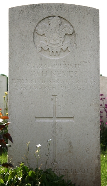 William's headstone in the Assevillers New British Cemetery