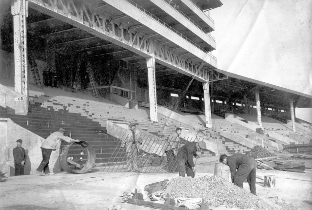 Repairing bomb damage at Epsom racecourse Repairing bomb damage at Epsom racecourse