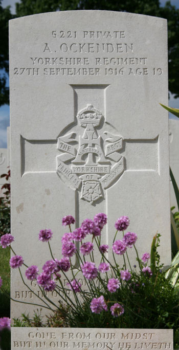 Albert Ockenden's headstone in the Dernancourt Communal Cemetery Extension