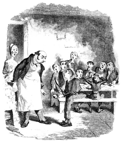 Drawing of Oliver Twist asking for more