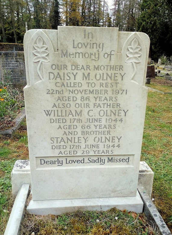 The Olneys' headstone in Epsom cemetery