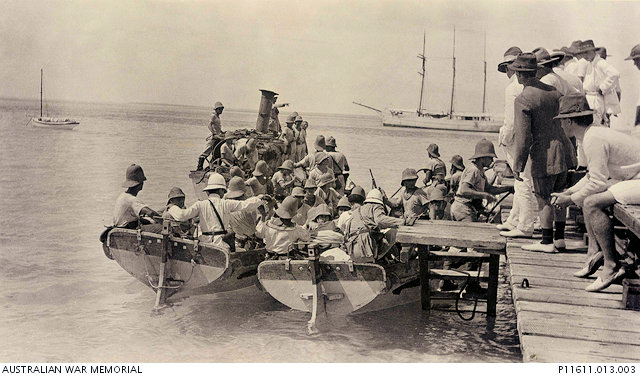 Landing party leaving the jetty to rejoin Emden and turning back when it sees Emden putting to sea. Ayesha is in the background. Landing party leaving the jetty to rejoin Emden and turning back when it sees Emden putting to sea. Ayesha is in the background.