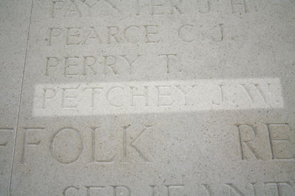 Private James Petchey's inscription on the Arras Memorial