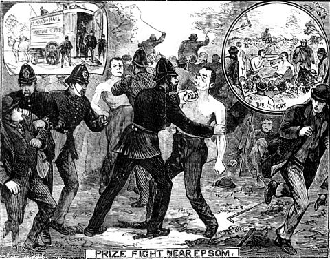 Pen and ink drawing of the police raid on the illegal prize fight