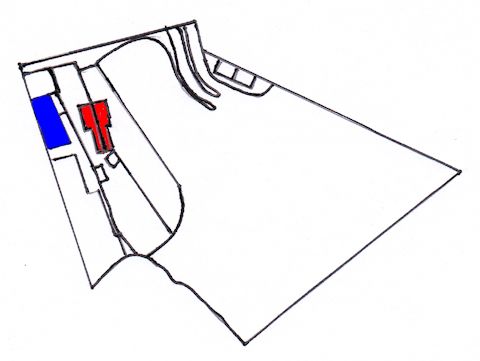 Sketch plan of the site in 2006 - showing the public car park off Upper High Street - Allam's Garage, No 48, coloured blue and houses 50/52 in red