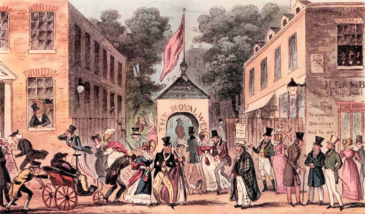 The Royal Wells, Cheltenham or Spasmodic affections from Spa Waters, 1825, by Isaac Robert Cruikshank.