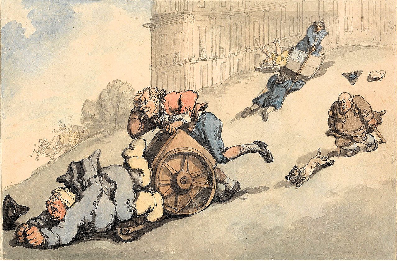 Comforts of Bath: Gouty Persons Fall on Steep Hill, 1798, by Thomas Rowlandson.