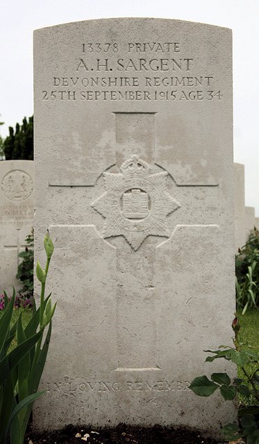 Alfred's headstone in the Dud Corner Cemetery, Loos