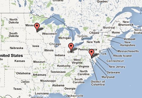Map showing the relative locations of (l to r) Minneapolis, Ohio and Maryland Map showing the relative locations of Map showing the relative locations of (l to r) Minneapolis, Ohio and Maryland