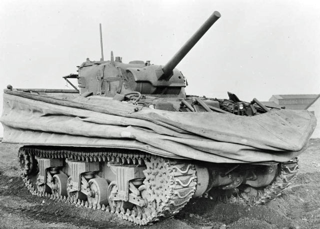 A Sherman DD amphibious tank with its float screen lowered.