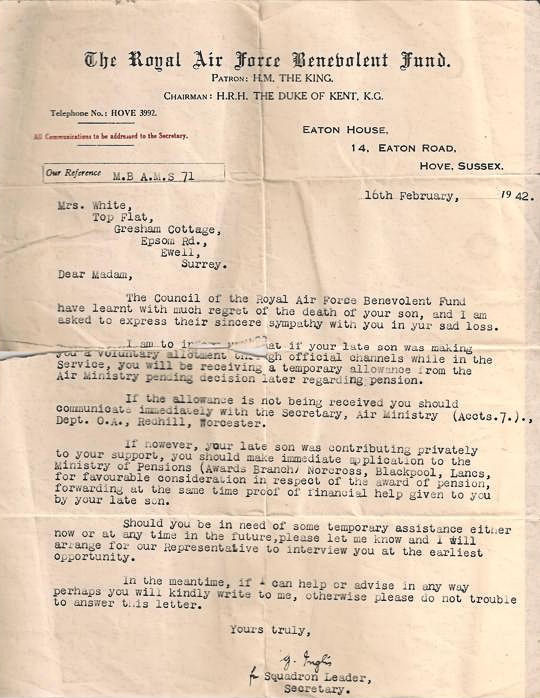 Royal Air Force Benevolent Fund Letter