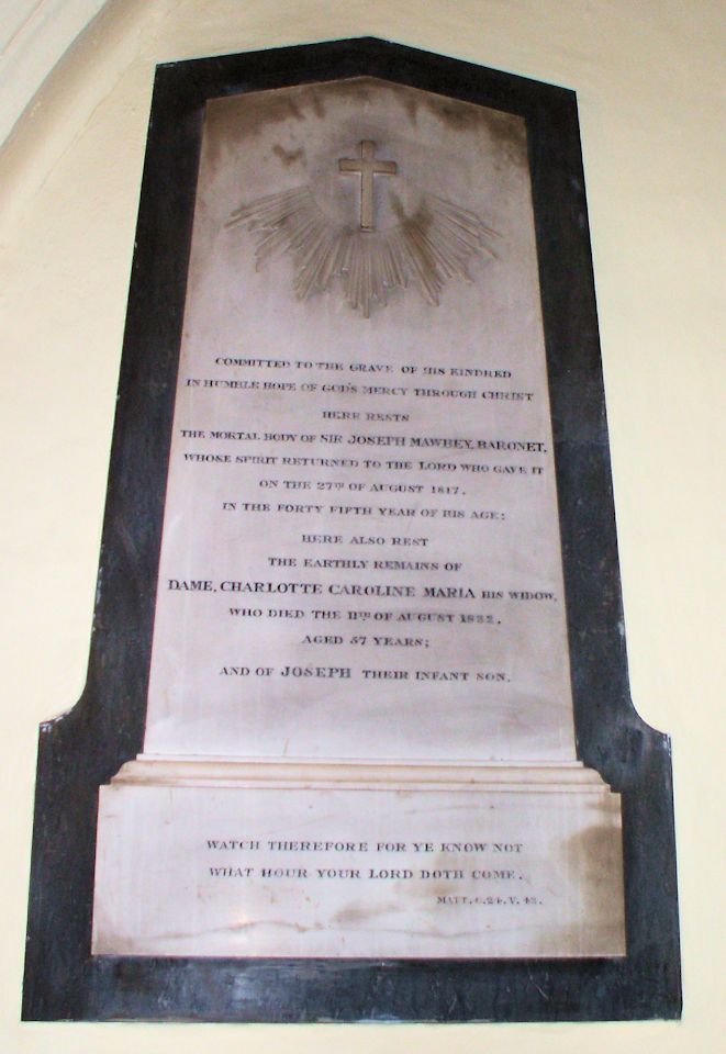 Memorial tablet in St Peter's Chertsey to Sir Joseph Mawbey, 2nd baronet
