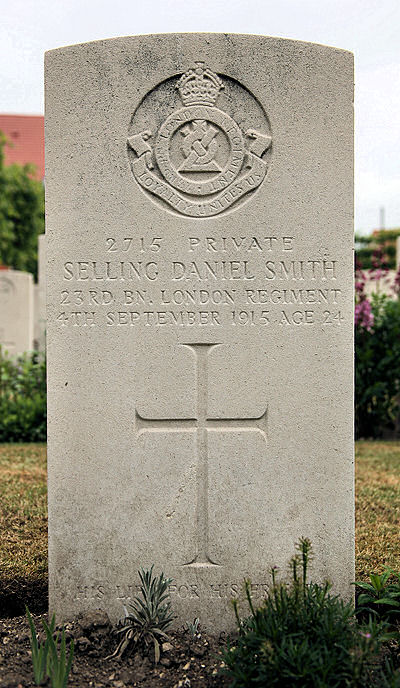 Selling's headstone in Maroc British Cemetery, Grenay