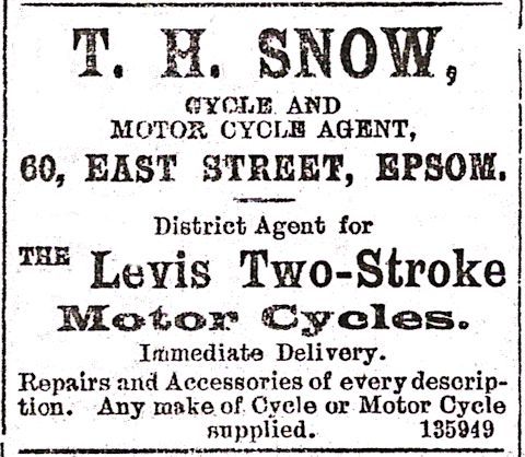 An advert for Snow's Cycles in the Epsom Herald 12 Nov 1915