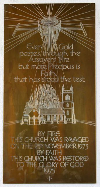Memorial plaque concerning the fire and restoration. Memorial plaque concerning the fire and restoration.