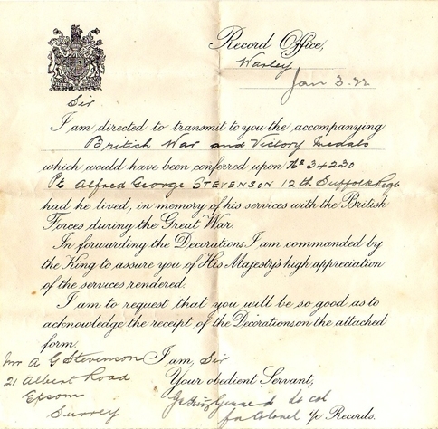 The note that accompanied Alfred's medals The note that accompanied Alfred's medals