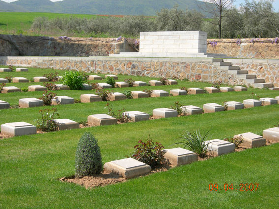 Private Sutton's grave stone is shown in the foreground of this picture of The Struma Military Cemetery, Greece