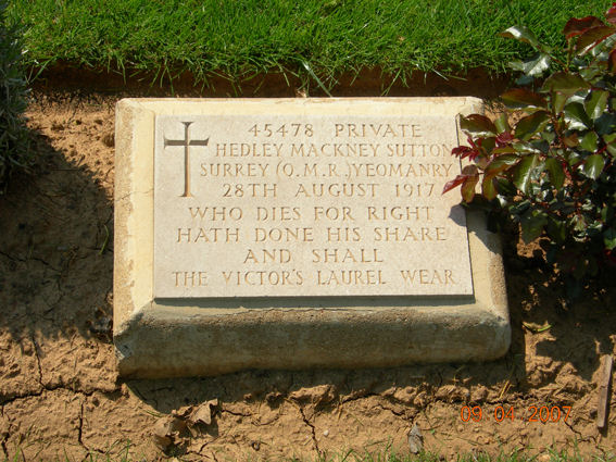 Private Sutton's grave stone at The Struma Military Cemetery, Greece
