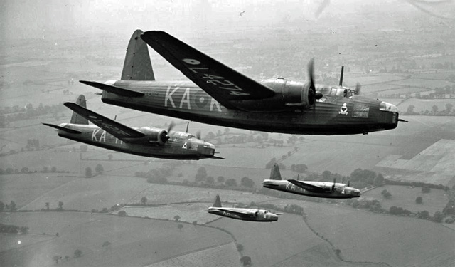 A formation of four Vickers Wellingtons bombers of 9 Squadron.
