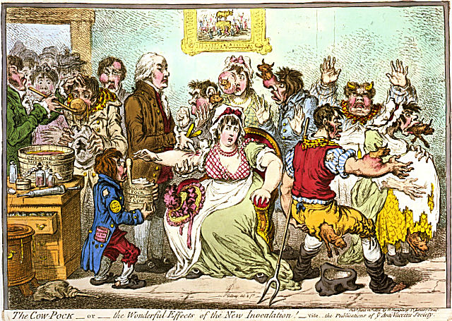 1802 caricature of Jenner vaccinating patients who feared it would make them sprout cowlike appendages.