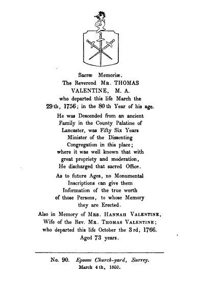 The memorial inscription of Rev Thomas Valentine MA