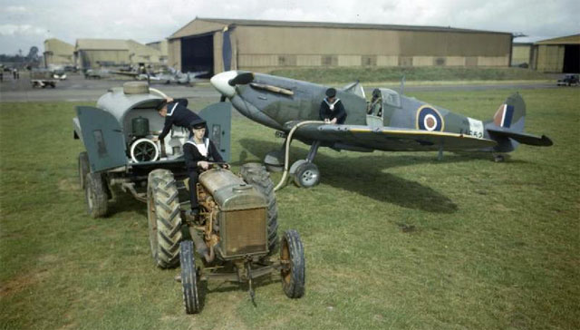 A Fleet Air Arm Seafire being refuelled at Yeovilton, September 1943