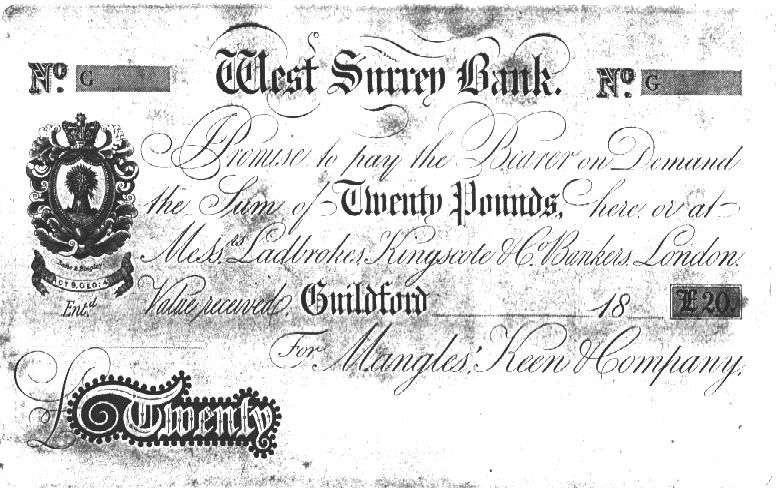 Photocopy of a West Surrey Bank £20 note.