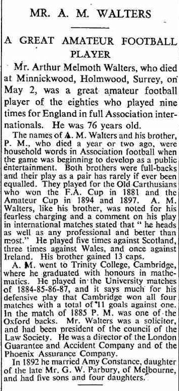 Arthur's obituary in the The Times of 5 May 1941 Arthur's obituary in the The Times of 5 May 1941
