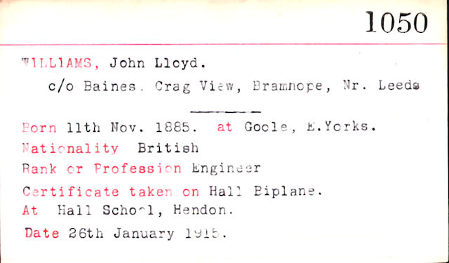 Royal Aero Club record card for John's Aviator's Certificate