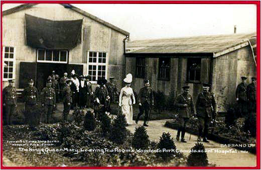 The King and Queen Mary leaving the Tearooms at Woodcote Park Convalescent Hospital