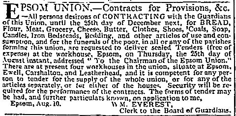 This advert calling for tenders to supply the workhouse appeared in the Times of 17 August 1836