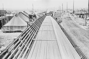 Pipe being stored in three quarter mile lengths before being wound onto the 'Conundrum'.