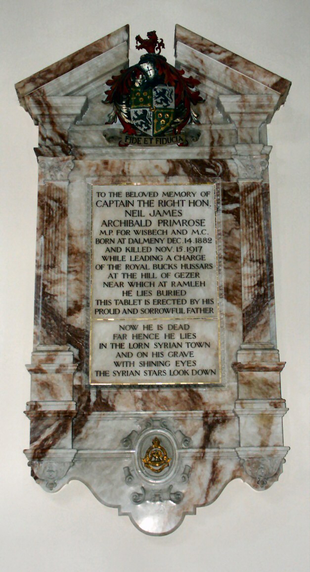 The Neil Primrose memorial plaque in St. Mary's Church, Mentmore.